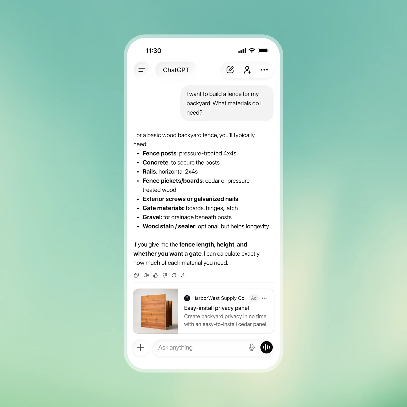 Detail from the official OpenAI example: Official OpenAI mockup: ChatGPT answers a question about building a fence, followed by a labelled HarborWest ad for a privacy panel.