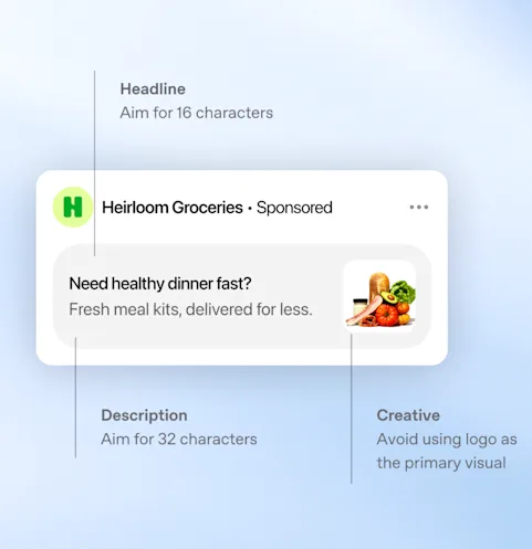 Ausschnitt aus dem offiziellen OpenAI-Beispiel: Offizielle OpenAI-Grafik einer Heirloom-Groceries-Anzeige mit Beschriftungen für Überschrift, Beschreibung und Anzeigenbild.