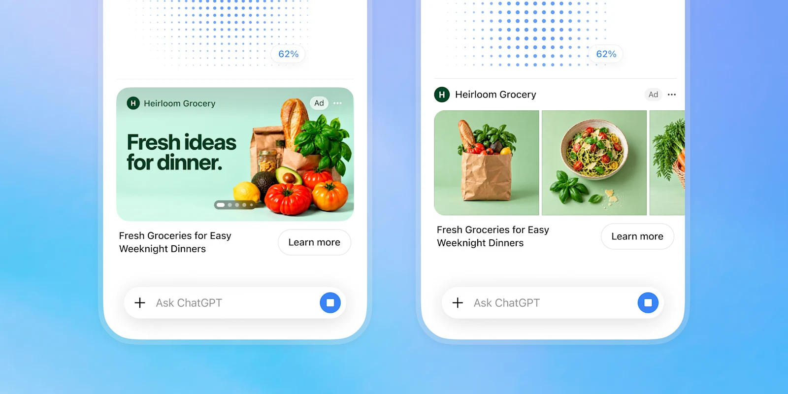 Ausschnitt aus dem offiziellen OpenAI-Beispiel: Zwei offizielle OpenAI-Smartphone-Mockups mit Heirloom-Grocery-Bildanzeigen während der Bildgenerierung: links ein großes Motiv, rechts mehrere nebeneinanderstehende Bilder.